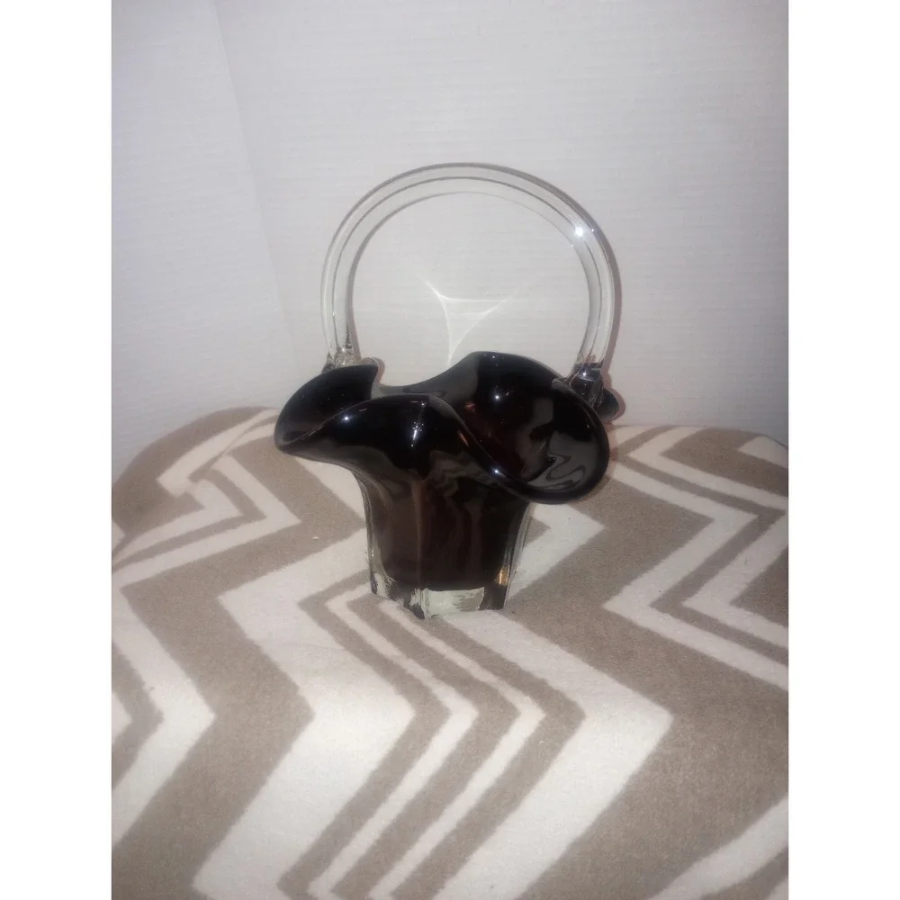 Dark Ruby Red Murano Style Hand‎ Blown Glass Ruffled Basket Vtg